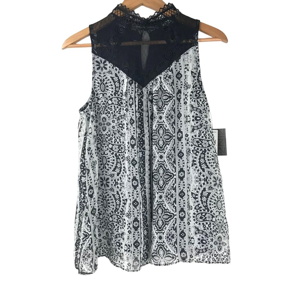 NWT iZ Byer Womens M Black Lace Blouse Aztec Tank Top Sleeveless Floral Casual
